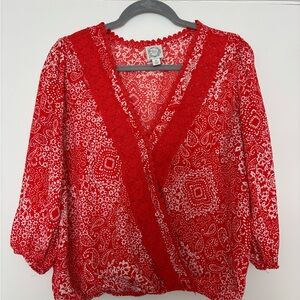 Blue Rain Red and White Patterned Blouse